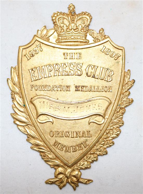 Garrick Club 1895 and 1900 signed cards and a gilt metal plaque for the Empress Club 1897, 7.25in.